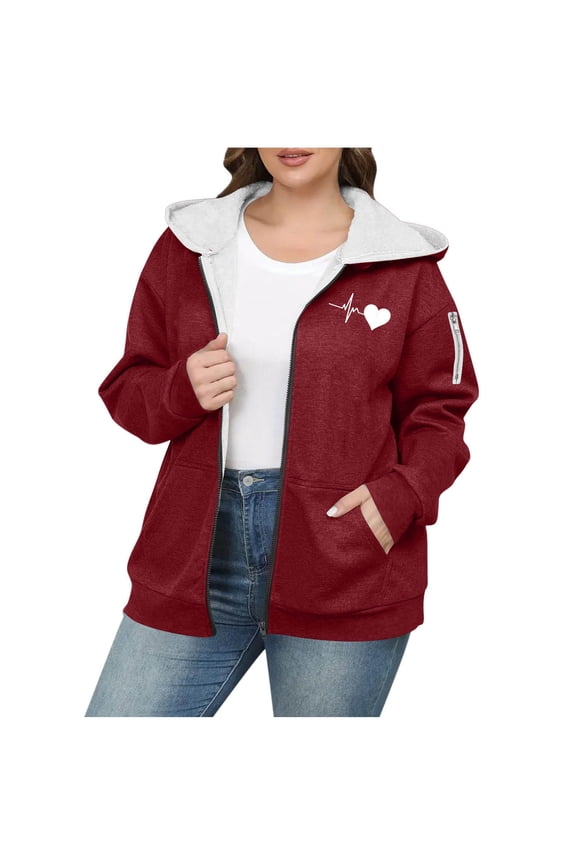 Plus Size Winter Coats for Women Oversized Fashion Love Heart Print Womens Fleece Jacket Casual Comfy Warm Long Sleeve Zip Up Hoodies with Pockets 5XL