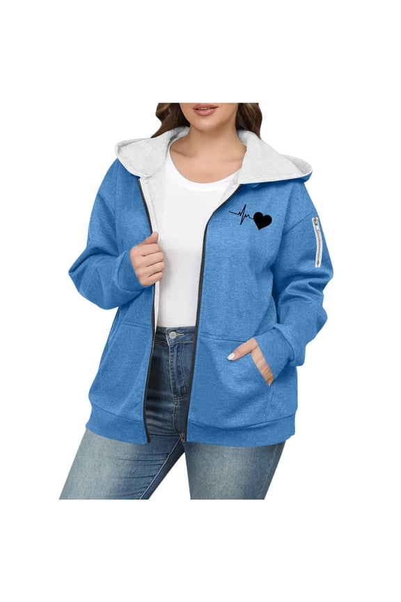 Plus Size Winter Coats for Women Oversized Fashion Love Heart Print Womens Fleece Jacket Casual Comfy Warm Long Sleeve Zip Up Hoodies with Pockets 5XL