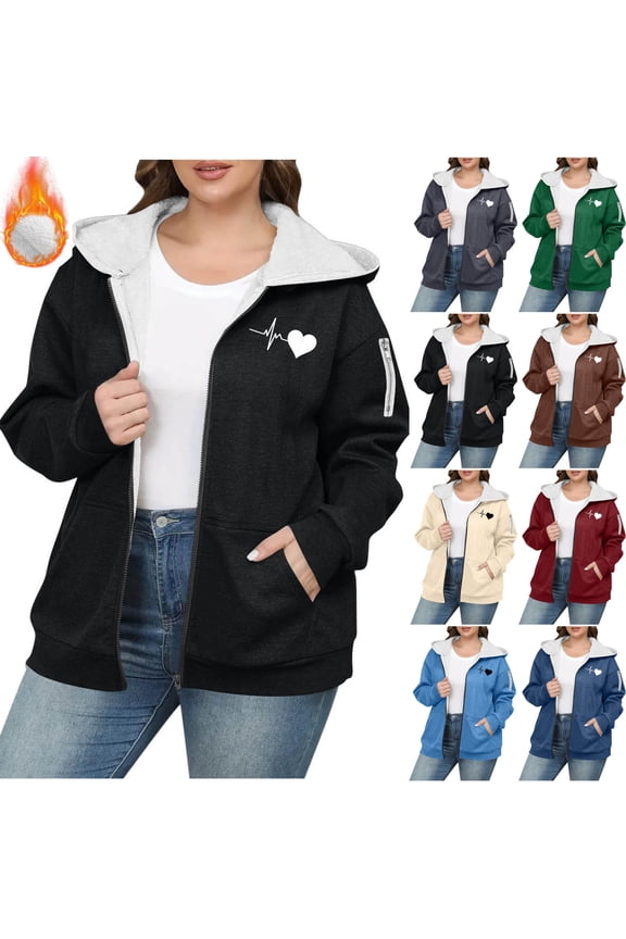 Plus Size Winter Coats for Women Oversized Fashion Love Heart Print Womens Fleece Jacket Casual Comfy Warm Long Sleeve Zip Up Hoodies with Pockets L