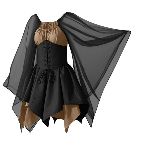 Busydd Plus Size Women Dresses Vintage Long Sleeve Medieval Dress for Women Trendy Color Block Tunic Mini Dress 2XL