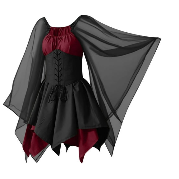 Busydd Plus Size Women Dresses Vintage Long Sleeve Medieval Dress for Women Trendy Color Block Tunic Mini Dress 2XL