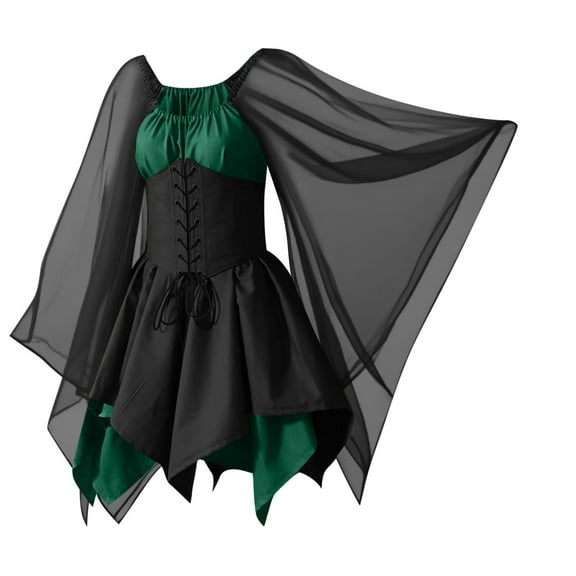 Busydd Plus Size Women Dresses Vintage Long Sleeve Medieval Dress for Women Trendy Color Block Tunic Mini Dress S