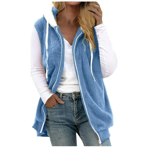 Busydd Plus Size Women Fleece Vest Casual Solid Color Hooded Warm Winter Vest for Women Fashion Drawstring Zip up Sleeveless Womens Vests Outerwear 5XL