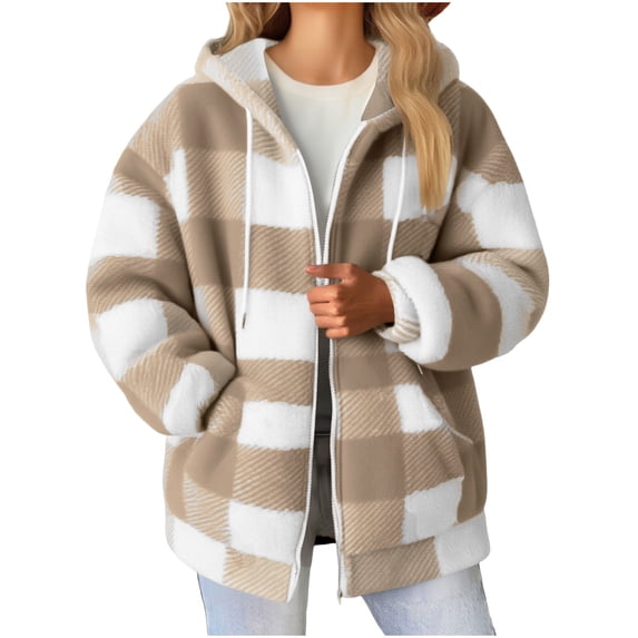 Busydd Plus Size Women Plaid Jackets Fashion Warm Fuzzy Fleece Jacket Casual Comfy Long Sleeve Winter Coats for Women Oversized Loose Zip Up Hoodies S