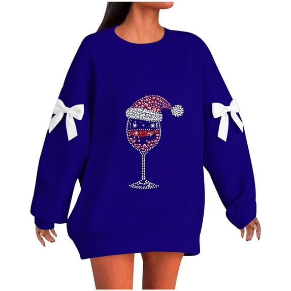 Busydd Plus Size Women's Sweatshirts Fashion Wine Glass Print Christmas Sweatshirts for Women Loose Oversized Long Sleeve Crewneck Sweatshirt L