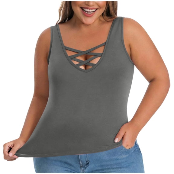 Busydd Plus Size Women's Tank Tops Fashion Oversized Solid Color Sleeveless Summer Tops Casual Breathable Round Neck Tank Top with Built in Bra for Women L