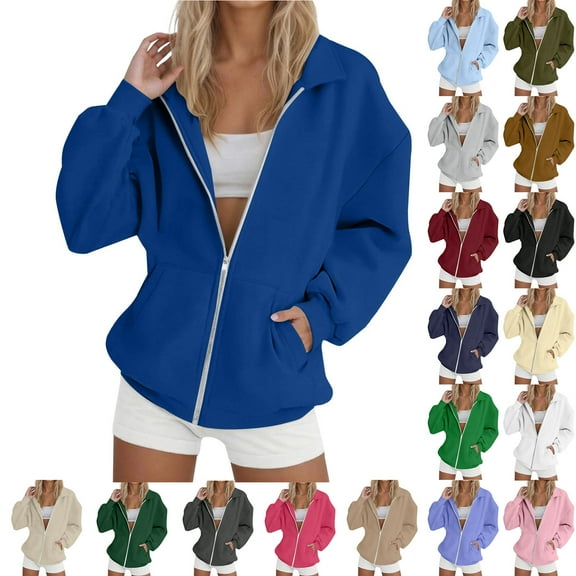 Busydd Plus Size Women's Zip Up Hoodies Solid Color Long Sleeve Womens Hoodie Casual Oversized Loose Fall Jackets with Pockets S