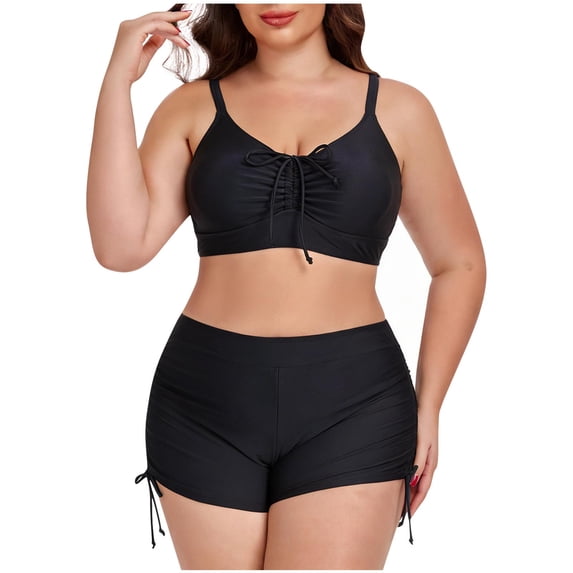 Busydd Plus Size Womens Bathing Suits Trendy Drawstring 2 Piece Swim Suit Round Neck Tops and Shorts Womens Swimsuits 3XL