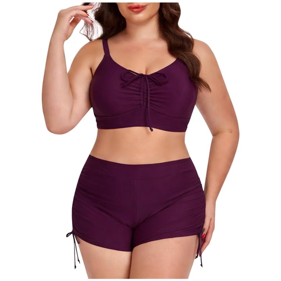 Busydd Plus Size Womens Bathing Suits Trendy Drawstring 2 Piece Swim Suit Round Neck Tops and Shorts Womens Swimsuits 3XL
