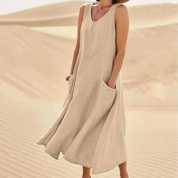 Busydd Plus Size Womens Dresses S-5XL Casual Round Neck Long Dresses for Women Solid Color Sleeveless Summer Dress Loose Flowy Vacation Cotton Linen Dress with Pockets