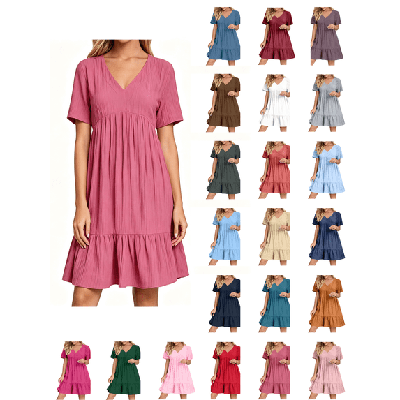 Busydd Plus Size Womens Dresses S-5XL Solid Color V Neck Sundresses for Women Trendy Flowy Short Sleeve Spring Summer Dress Tiered Pleated Casual Dresses for Women