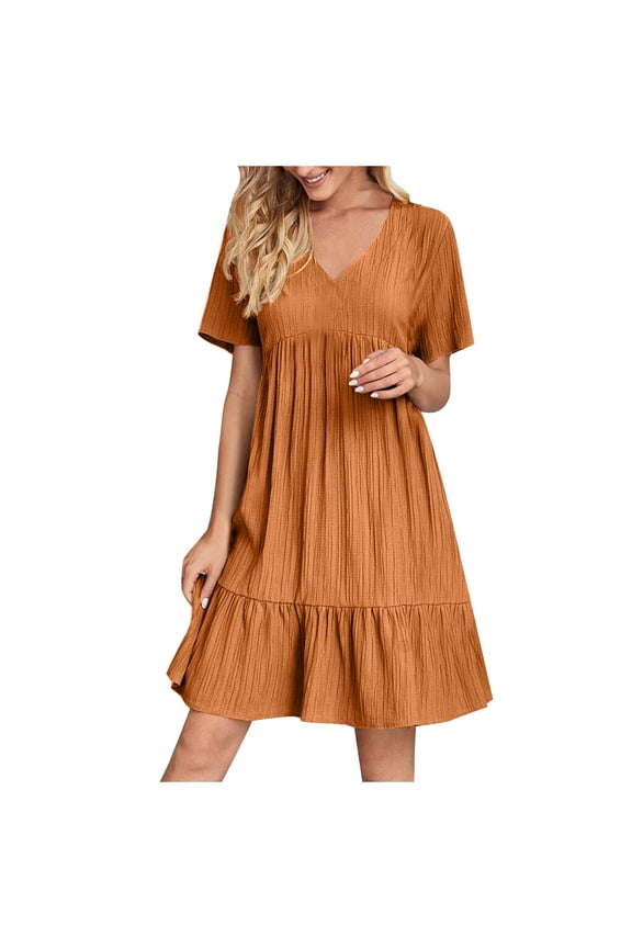 Plus Size Womens Dresses S-5XL Solid Color V Neck Sundresses for Women Trendy Flowy Short Sleeve Spring Summer Dress Tiered Pleated Casual Dresses for Women