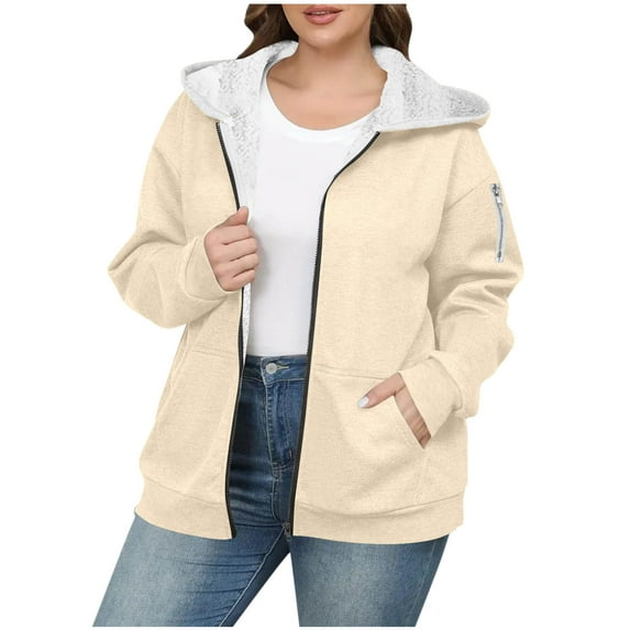 Busydd Plus Size Womens Fleece Jacket Solid Color Long Sleeve Womens Winter Coat Casual Comfy Hooded Womens Fleece Zip Up Jacket with Pockets S
