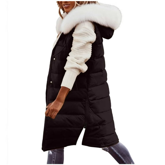 Busydd Plus Size Womens Puffer Vest Warm Comfy Zipper Winter Vest for Women Casual Oversized Solid Color Sleeveless Women's Outerwear Vests with Pockets and Detachable Hat Collar 3XL