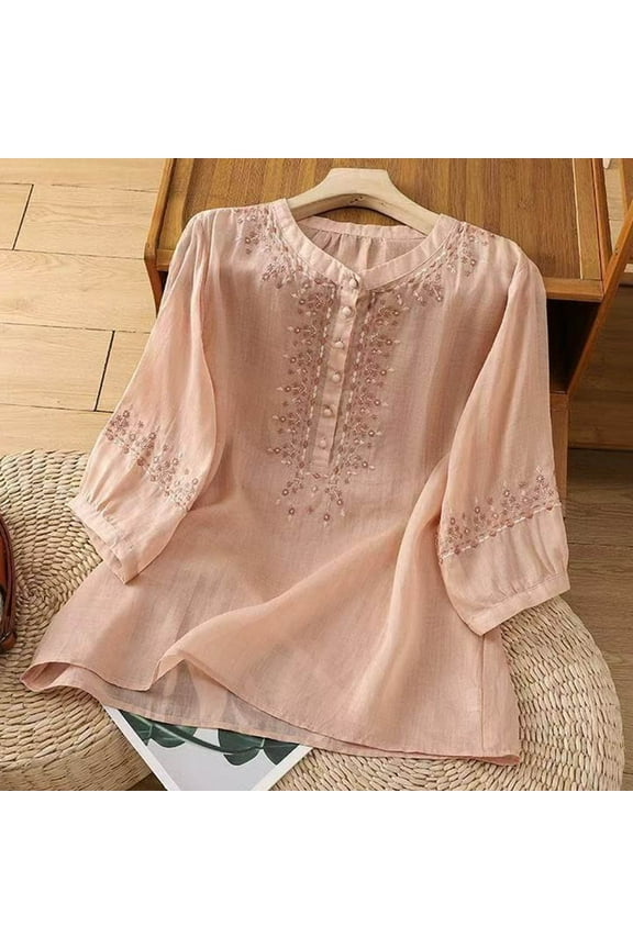 Plus Size Womens Tops M-4XL Casual Solid Color 1/2 Length Sleeve Going Out Tops for Women Trendy Round Neck Embroidered Spring Summer Tops Comfy Button Peasant Cotton Linen Shirts