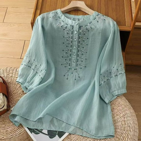 Busydd Plus Size Womens Tops M-4XL Casual Solid Color 1/2 Length Sleeve Going Out Tops for Women Trendy Round Neck Embroidered Spring Summer Tops Comfy Button Peasant Cotton Linen Shirts