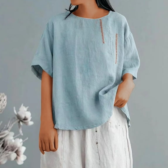 Busydd Plus Size Womens Tops M-4XL Casual Solid Color 3/4 Length Sleeve Going Out Tops for Women Trendy Round Neck Embroidered Spring Summer Tops Comfy Peasant Cotton Linen Shirts