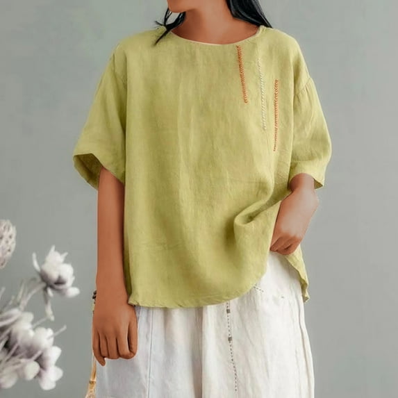 Busydd Plus Size Womens Tops M-4XL Casual Solid Color 3/4 Length Sleeve Going Out Tops for Women Trendy Round Neck Embroidered Spring Summer Tops Comfy Peasant Cotton Linen Shirts