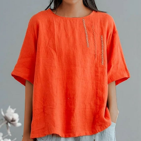 Busydd Plus Size Womens Tops M-4XL Casual Solid Color 3/4 Length Sleeve Going Out Tops for Women Trendy Round Neck Embroidered Spring Summer Tops Comfy Peasant Cotton Linen Shirts