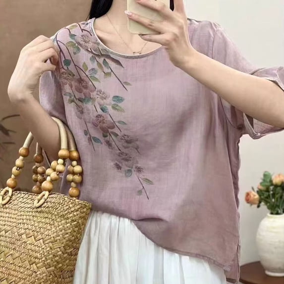 Busydd Plus Size Womens Tops M-4XL Casual Solid Color Short Sleeve Going Out Tops for Women Trendy Round Neck Embroidered Spring Summer Tops Comfy Peasant Cotton Linen Shirts