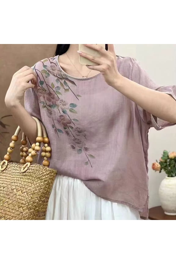 Plus Size Womens Tops M-4XL Casual Solid Color Short Sleeve Going Out Tops for Women Trendy Round Neck Embroidered Spring Summer Tops Comfy Peasant Cotton Linen Shirts