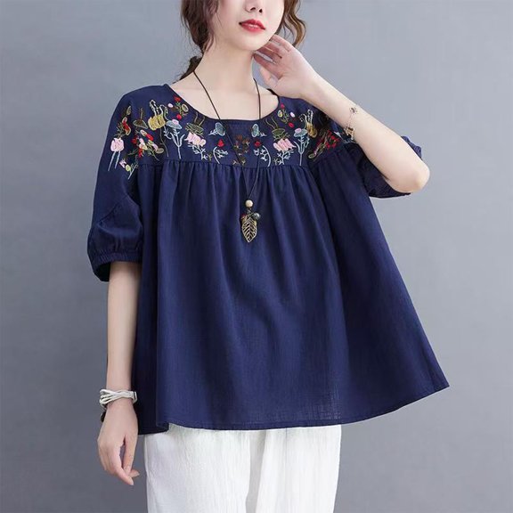 Busydd Plus Size Womens Tops M-4XL Casual Solid Color Short Sleeve Going Out Tops for Women Trendy Round Neck Embroidered Spring Summer Tops Comfy Pleated Peasant Cotton Linen Shirts