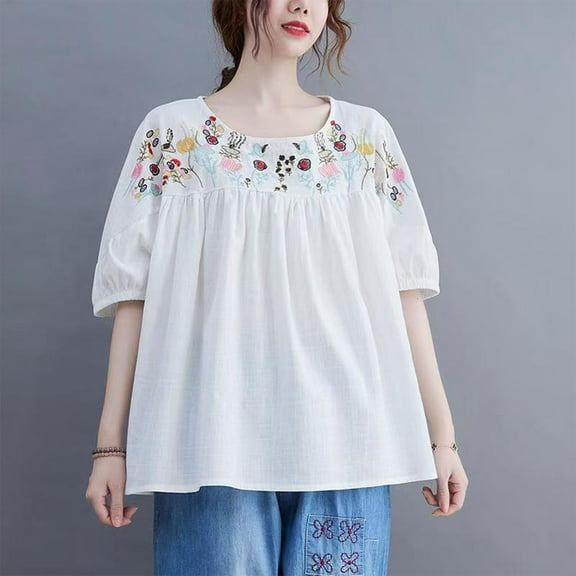 Busydd Plus Size Womens Tops M-4XL Casual Solid Color Short Sleeve Going Out Tops for Women Trendy Round Neck Embroidered Spring Summer Tops Comfy Pleated Peasant Cotton Linen Shirts