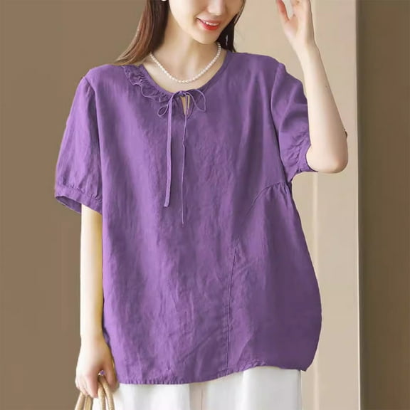 Busydd Plus Size Womens Tops M-4XL Casual Solid Color Short Sleeve Going Out Tops for Women Trendy Round Neck Spring Summer Tops Comfy Peasant Cotton Linen Shirts