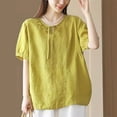 thumbnail image 1 of Busydd Plus Size Womens Tops M-4XL Casual Solid Color Short Sleeve Going Out Tops for Women Trendy Round Neck Spring Summer Tops Comfy Peasant Cotton Linen Shirts, 1 of 4