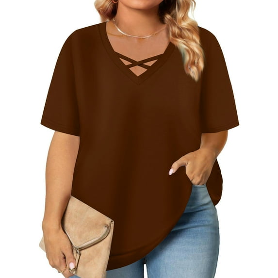 Busydd Plus Size Womens Tops XL-5XL Casual Solid Color Going Out Tops for Women Trendy Short Sleeve V Neck Spring Summer Tops Comfy Oversized T Shirts