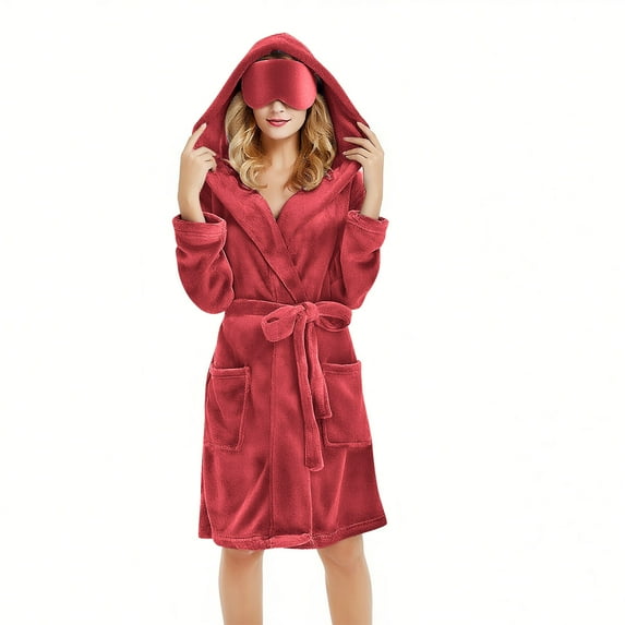 Busydd Plush Robes for Women Adjustable Waist Tie Bathrobe for Women Solid Color Long Sleeve Hooded Ladies Robes Winter Warm Fuzzy Women's Nightgowns with Pockets 2XL