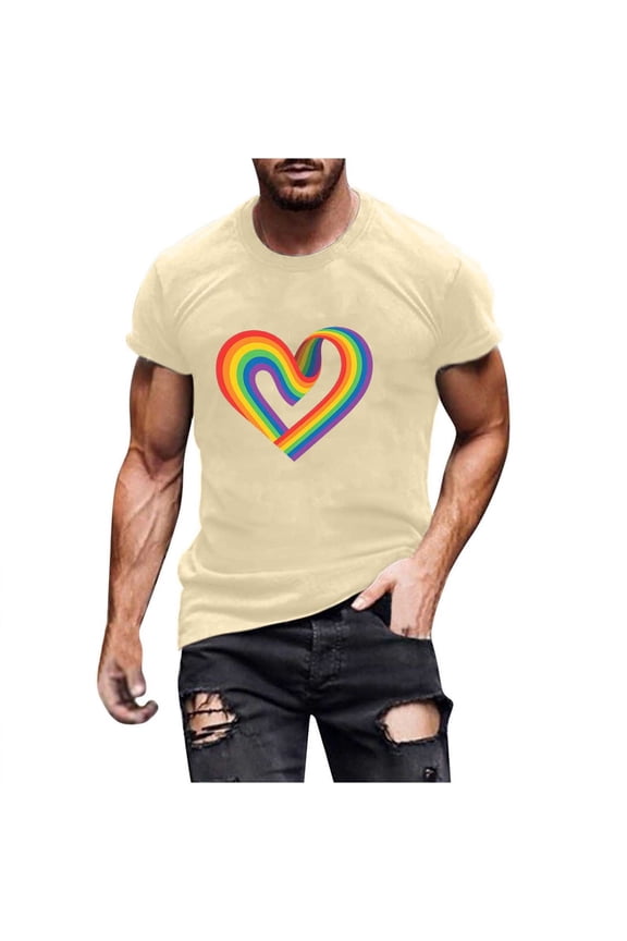 Pride Shirt Men LGBTQ Proud Rainbow Heart Graphic Tees Casual Comfy Short Sleeve Cotton T Shirts for Man Versatile Round Neck Summer Tops S