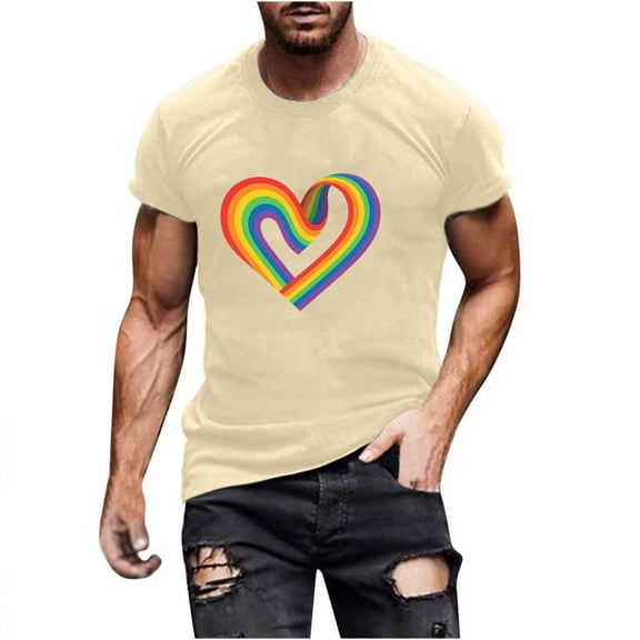 Busydd Pride Shirt Men LGBTQ Proud Rainbow Heart Graphic Tees Casual Comfy Short Sleeve Cotton T Shirts for Man Versatile Round Neck Summer Tops S