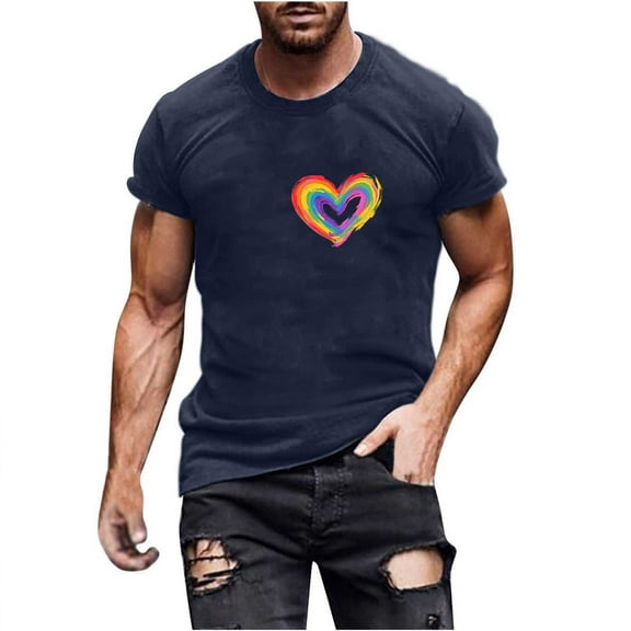 Busydd Pride Shirt Men LGBTQ Proud Rainbow Heart Graphic Tees Casual Comfy Short Sleeve Cotton T Shirts for Man Lightweight Versatile Round Neck Summer Tops M