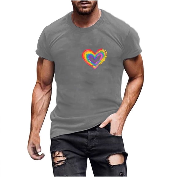 Busydd Pride Shirt Men LGBTQ Proud Rainbow Heart Graphic Tees Casual Comfy Short Sleeve Cotton T Shirts for Man Lightweight Versatile Round Neck Summer Tops L