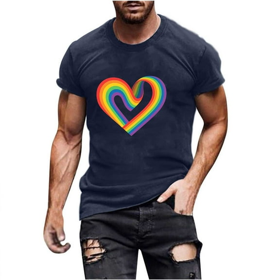 Busydd Pride Shirt Men LGBTQ Proud Rainbow Heart Graphic Tees Casual Comfy Short Sleeve Cotton T Shirts for Man Lightweight Versatile Round Neck Summer Tops S