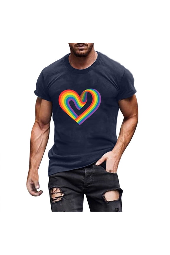 Pride Shirt Men LGBTQ Proud Rainbow Heart Graphic Tees Casual Comfy Short Sleeve Cotton T Shirts for Man Lightweight Versatile Round Neck Summer Tops L