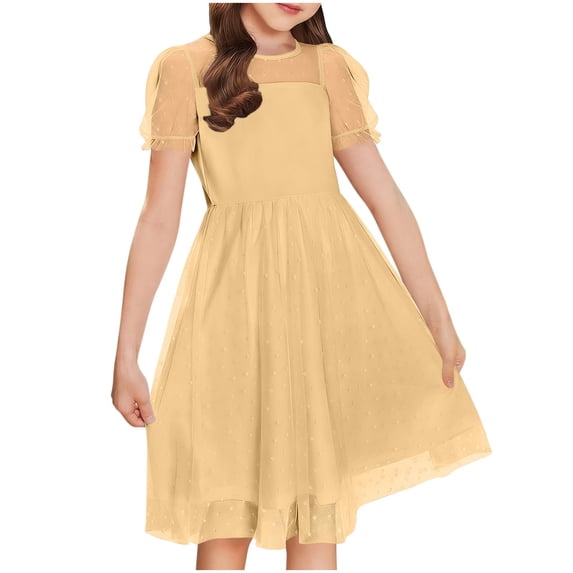 Busydd Princess Dresses for Girls 5-16 Years Fashion Performance Mesh Round Neck Girls Formal Dress Solid Color Short Sleeve Flowy Dress 5-6 Years