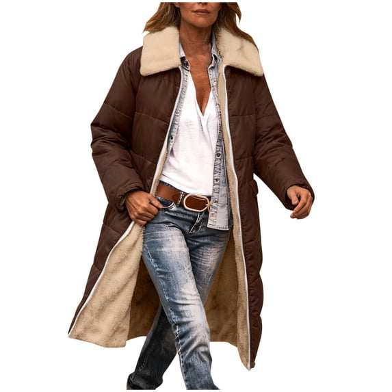 Busydd Puffer Jacket Womens Warm Comfortable Solid Color Long Womens Winter Coat Long Sleeve Zip up Hooded Womens Fleece Jacket with Pockets L