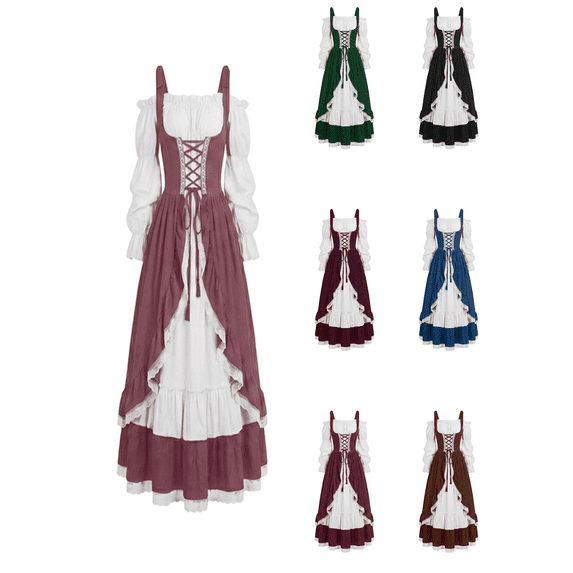Busydd Renaissance Dress for Women Square Neck Puff Sleeve Medieval Dresses Layered Ruffle Lace up Party Halloween Dresses 2XL