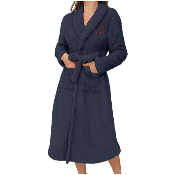 Busydd Robes for Women Solid Color Long Sleeve Women's Bathrobe Comfy Warm Plush Robes for Women Self-Tie Belt Women's Nightgowns with Pockets L