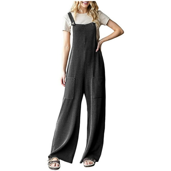 Busydd Rompers for Women Dressy Casual Wide Leg Jumpsuits for Women Solid Color Ribbed One Piece Overalls for Women Loose Fit with Pockets