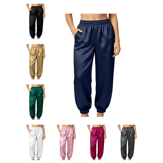 Busydd Satin Pajamas Pants for Women Comfortable Solid Color Elastic Waist Sleep Pants Casual Loose Loungewear Bottoms with Pockets M
