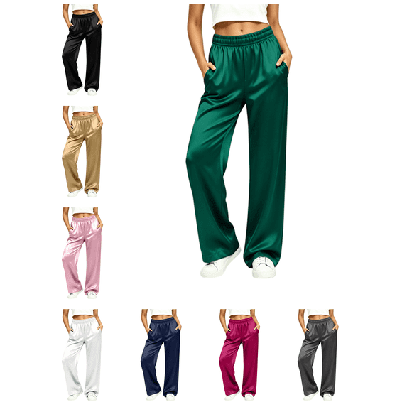 Busydd Satin Pajamas Pants for Women Comfortable Solid Color Elastic Waist Sleep Pants Casual Loose Loungewear Bottoms with Pockets S