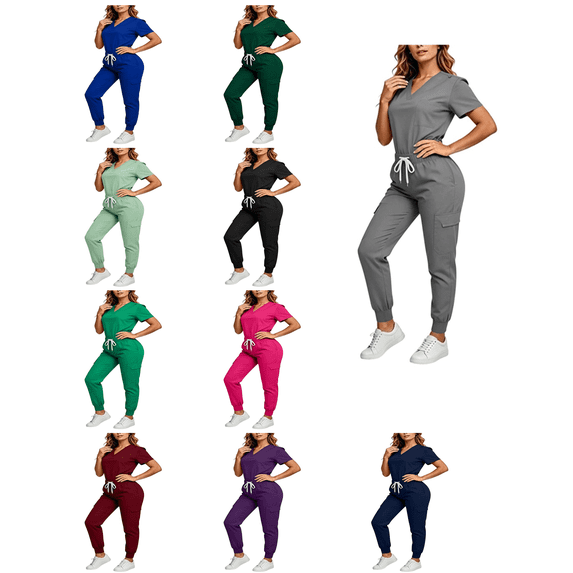 Busydd Scrub Sets for Woman Short Sleeve V Neck Scrub Top and Jogger Pants 2 Piece Solid Color Scrubs for Women with Drawstring and Pockets S