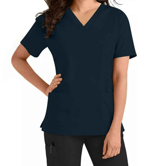 Busydd Scrub Tops Women Fashion Solid Color Working Scrubs for Women Casual Short Sleeve V Neck Nursing Tops with Pockets Comfy Classic Working Uniform