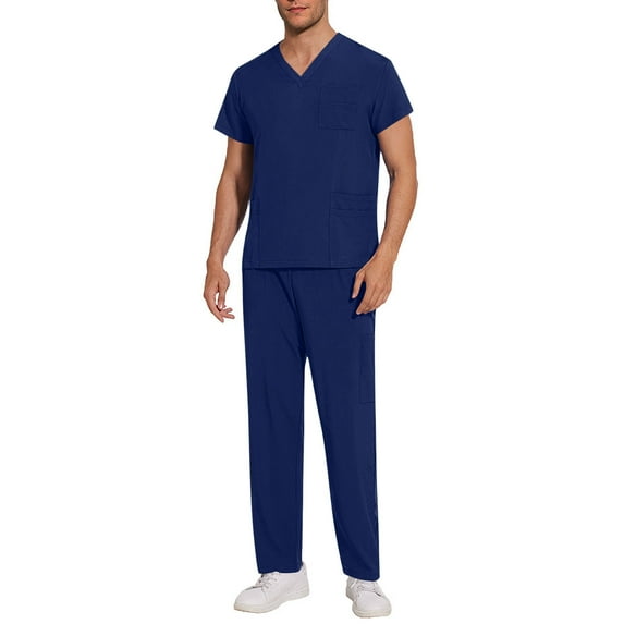Busydd Scrubs for Men Set Short Sleeve V Neck Slit Scrubs Tops Elastic Waist Multi Pockets Jogger Scrub Pants for Man Casual Solid Color Work Scrubs Sets