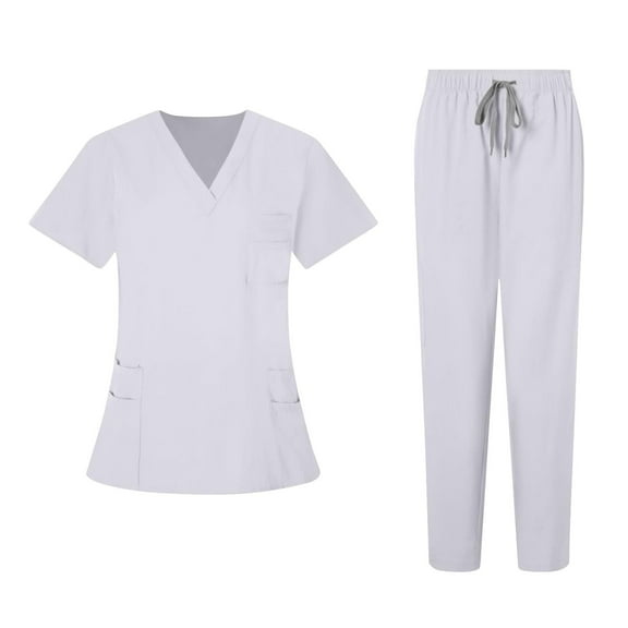 Busydd Scrubs for Women Casual Solid Color Scrubs for Women Set Fashion V Neck Short Sleeve Scrub Tops and Drawstring Joggers 2 Piece Sets for Women Workwear Uniform M
