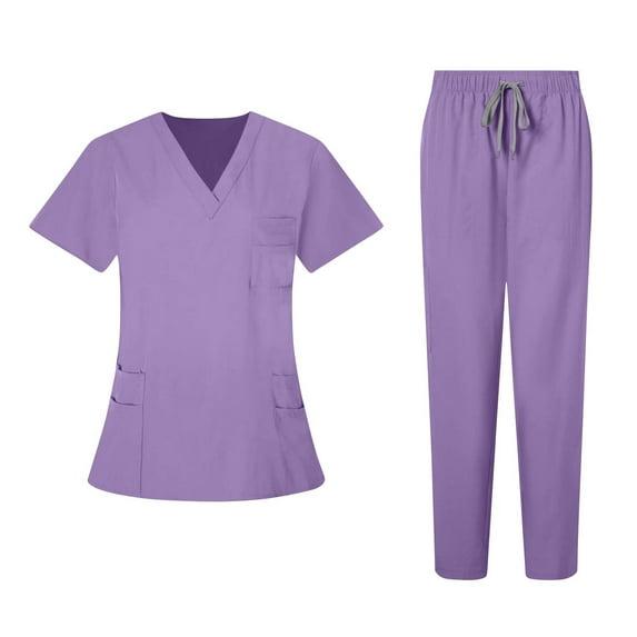 Busydd Scrubs for Women Casual Solid Color Scrubs for Women Set Fashion V Neck Short Sleeve Scrub Tops and Drawstring Joggers 2 Piece Sets for Women Workwear Uniform XL
