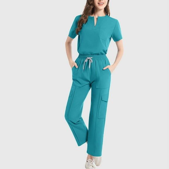 Busydd Scrubs for Women Set Casual Solid Color Women Scrubs Sets Short Sleeve V Neck Tops Elastic Waist Drawstring Jogger Scrubs for Women Workwear with Pockets S